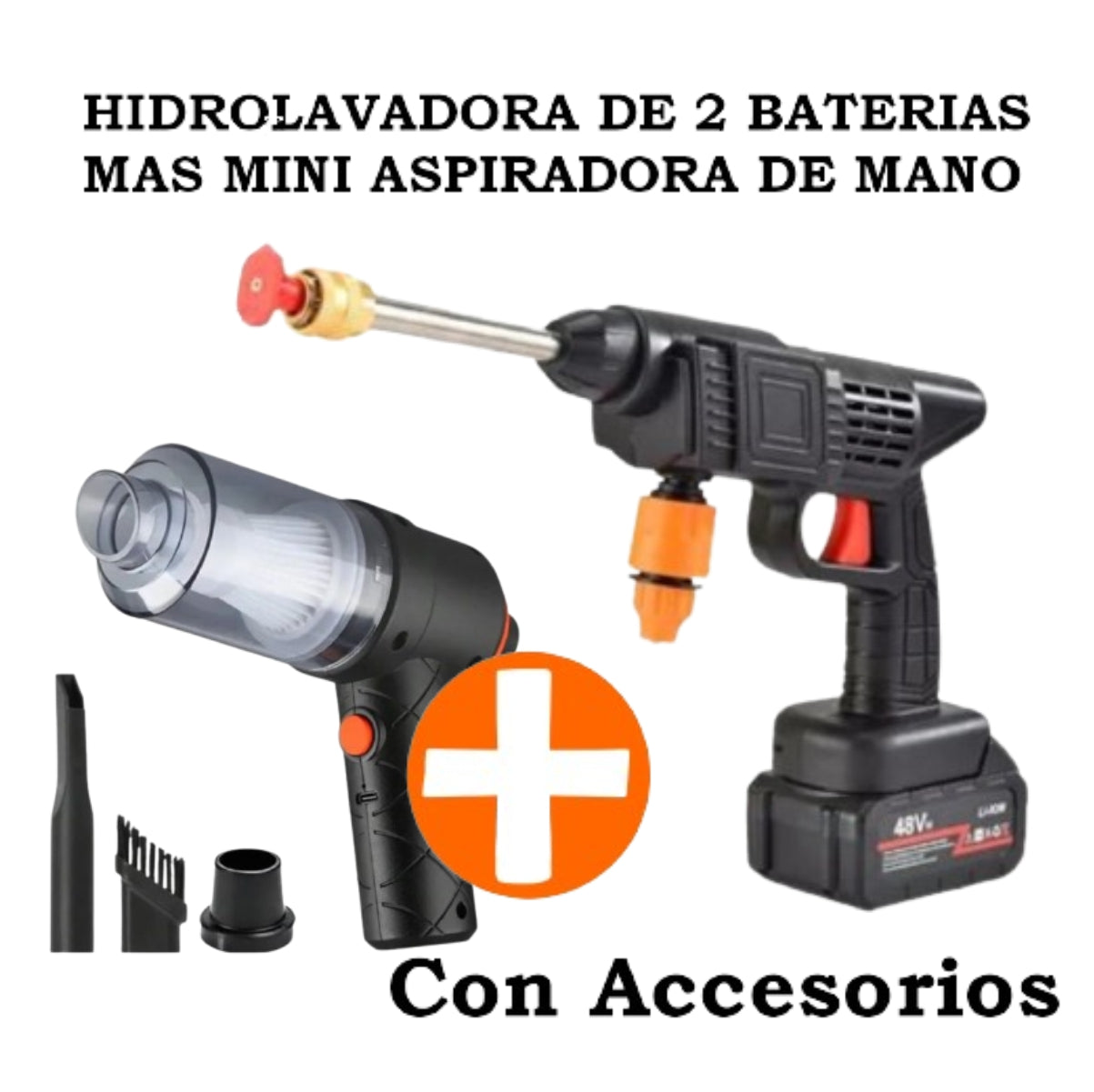 Hidrolavadora Portátil 48V de 2 Baterías + Mini Aspiradora de Mano 12000 Pa con Accesorios – Ideal para Carros, Motos y Hogar en Colombia
