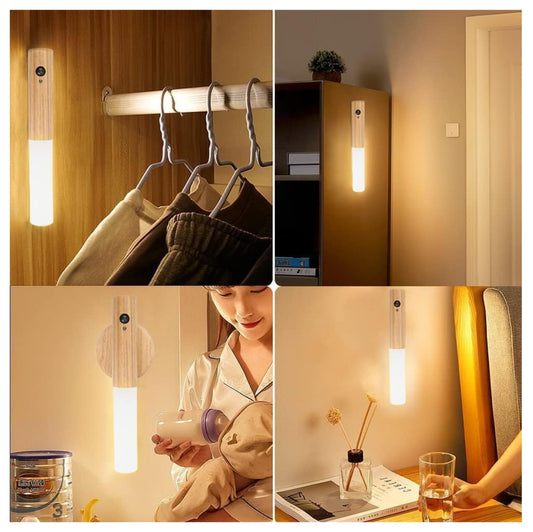 Lámpara magnética de madera con sensor de movimiento recargable – luz nocturna automática para pasillos, escaleras y closets