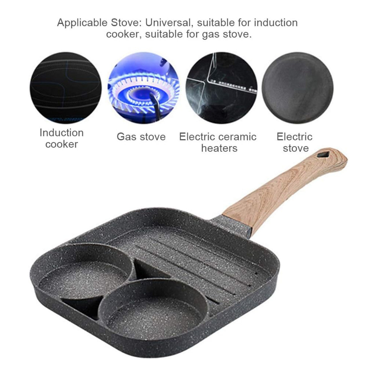 Sartén antiadherente de 3 secciones – 3 puestos para huevos, pancakes, verduras y carnes, compatible con inducción y gas