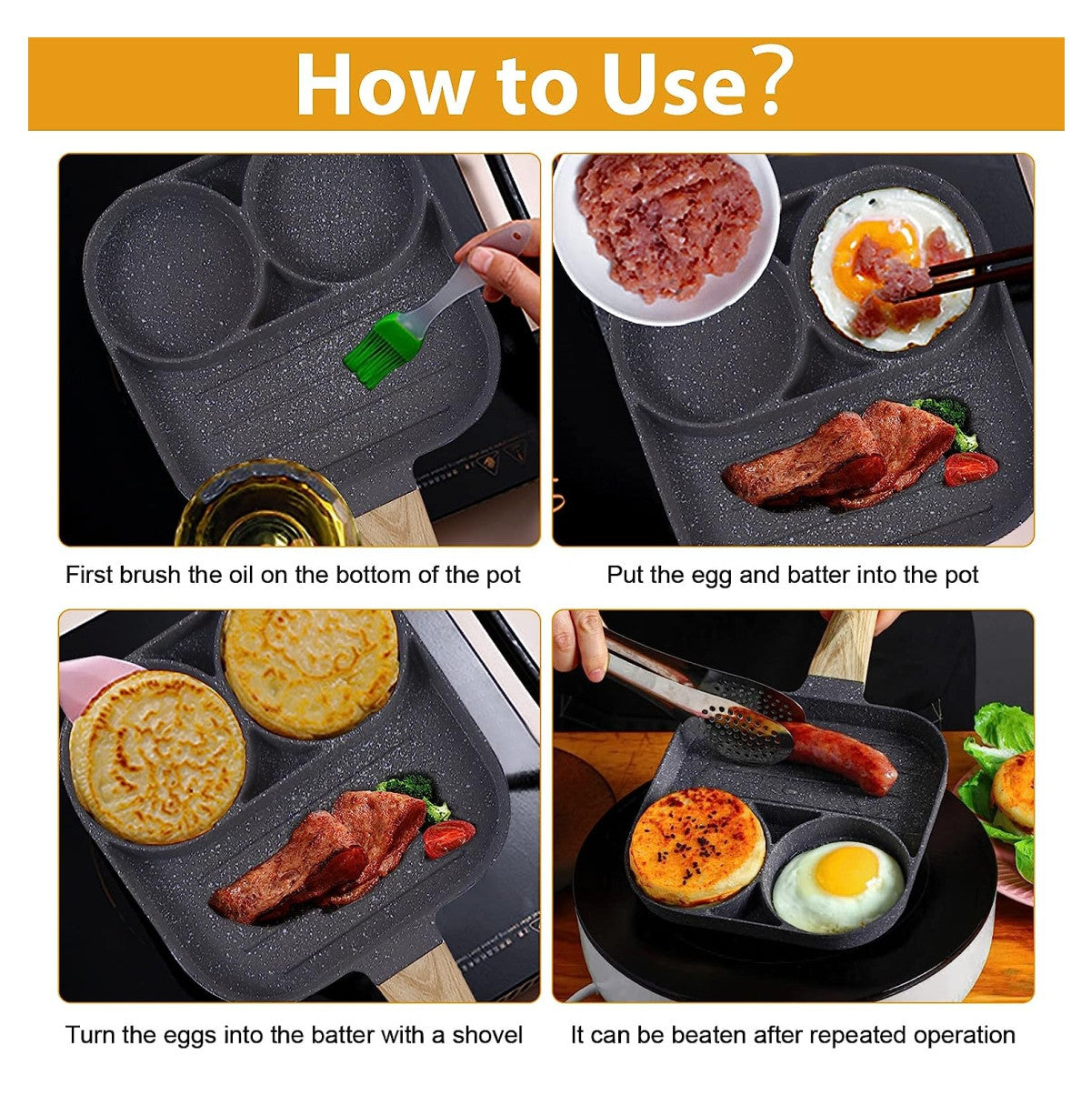 Sartén antiadherente de 3 secciones – 3 puestos para huevos, pancakes, verduras y carnes, compatible con inducción y gas