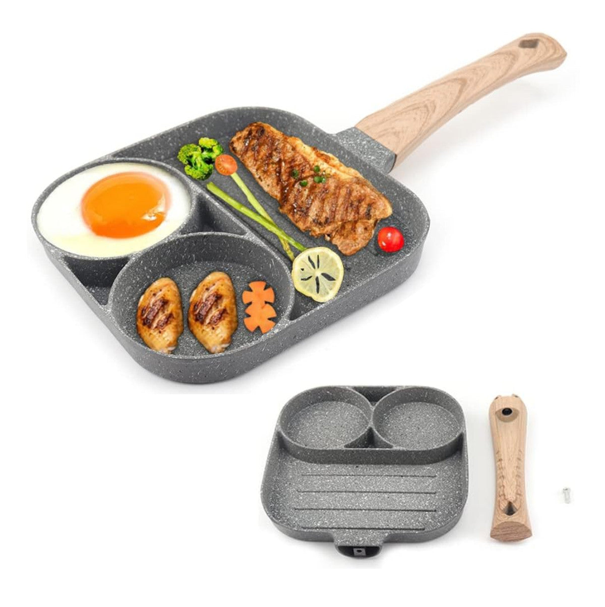 Sartén antiadherente de 3 secciones – 3 puestos para huevos, pancakes, verduras y carnes, compatible con inducción y gas