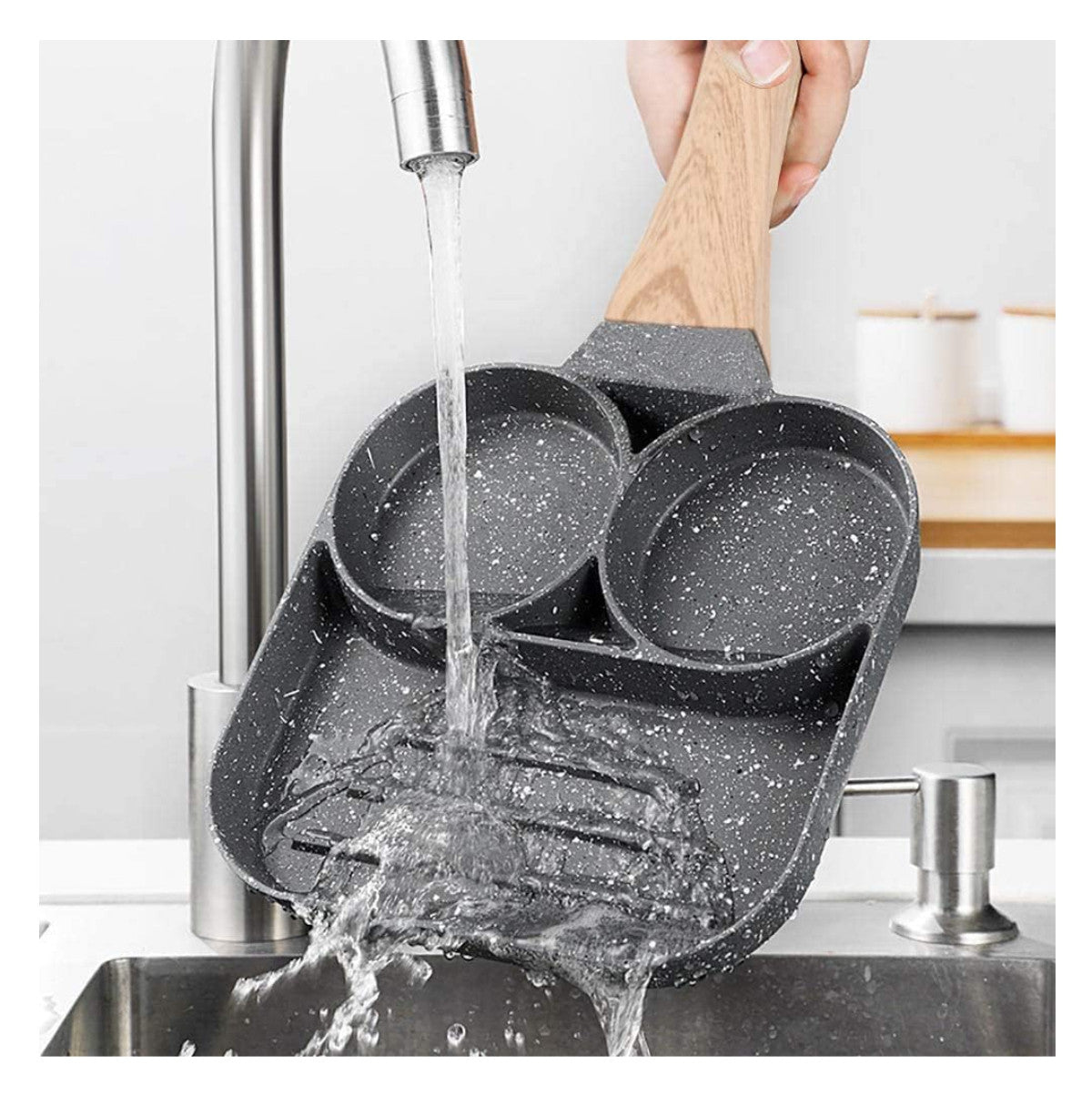 Sartén antiadherente de 3 secciones – 3 puestos para huevos, pancakes, verduras y carnes, compatible con inducción y gas