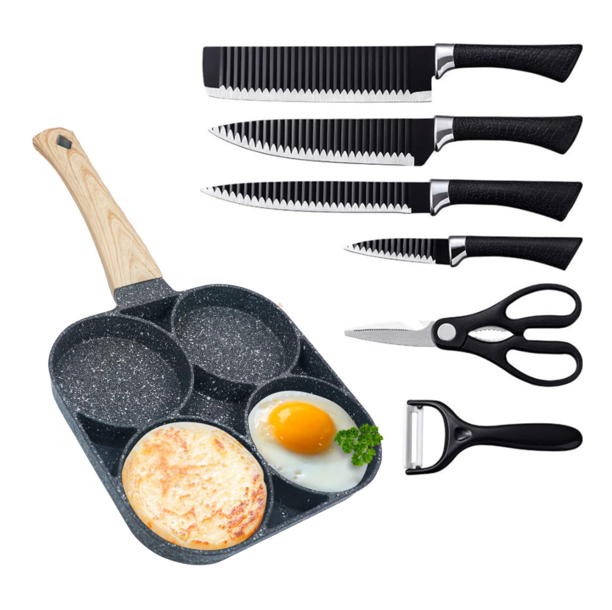 Set de Cocina Profesional 7 Piezas con Sartén Antiadherente de 4 Puestos y Juego de Cuchillos Premium – Multiuso para Cocina Moderna