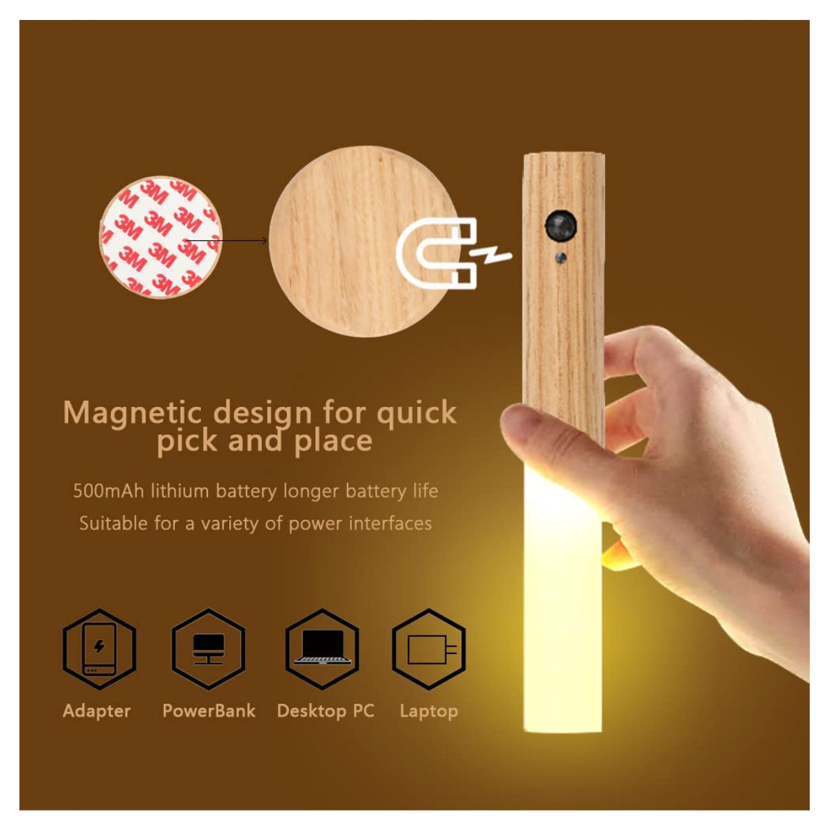 Lámpara magnética de madera con sensor de movimiento recargable – luz nocturna automática para pasillos, escaleras y closets
