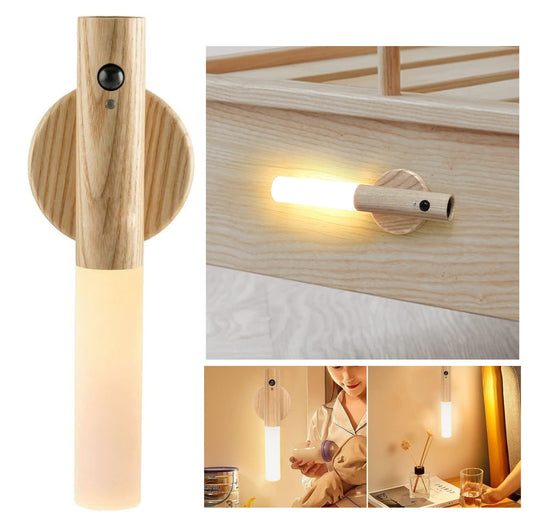 Lámpara magnética de madera con sensor de movimiento recargable – luz nocturna automática para pasillos, escaleras y closets