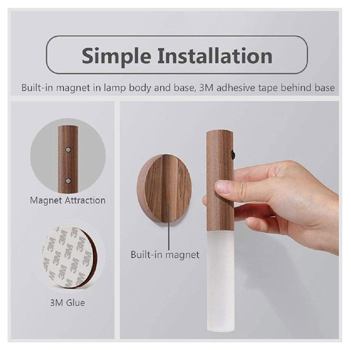 Lámpara magnética de madera con sensor de movimiento recargable – luz nocturna automática para pasillos, escaleras y closets
