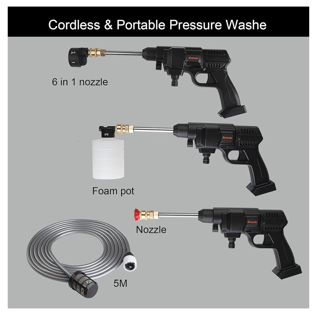 Hidrolavadora inalámbrica 6 modos de chorro – pistola de agua a presión portátil + accesorios para auto, jardín y limpieza doméstica