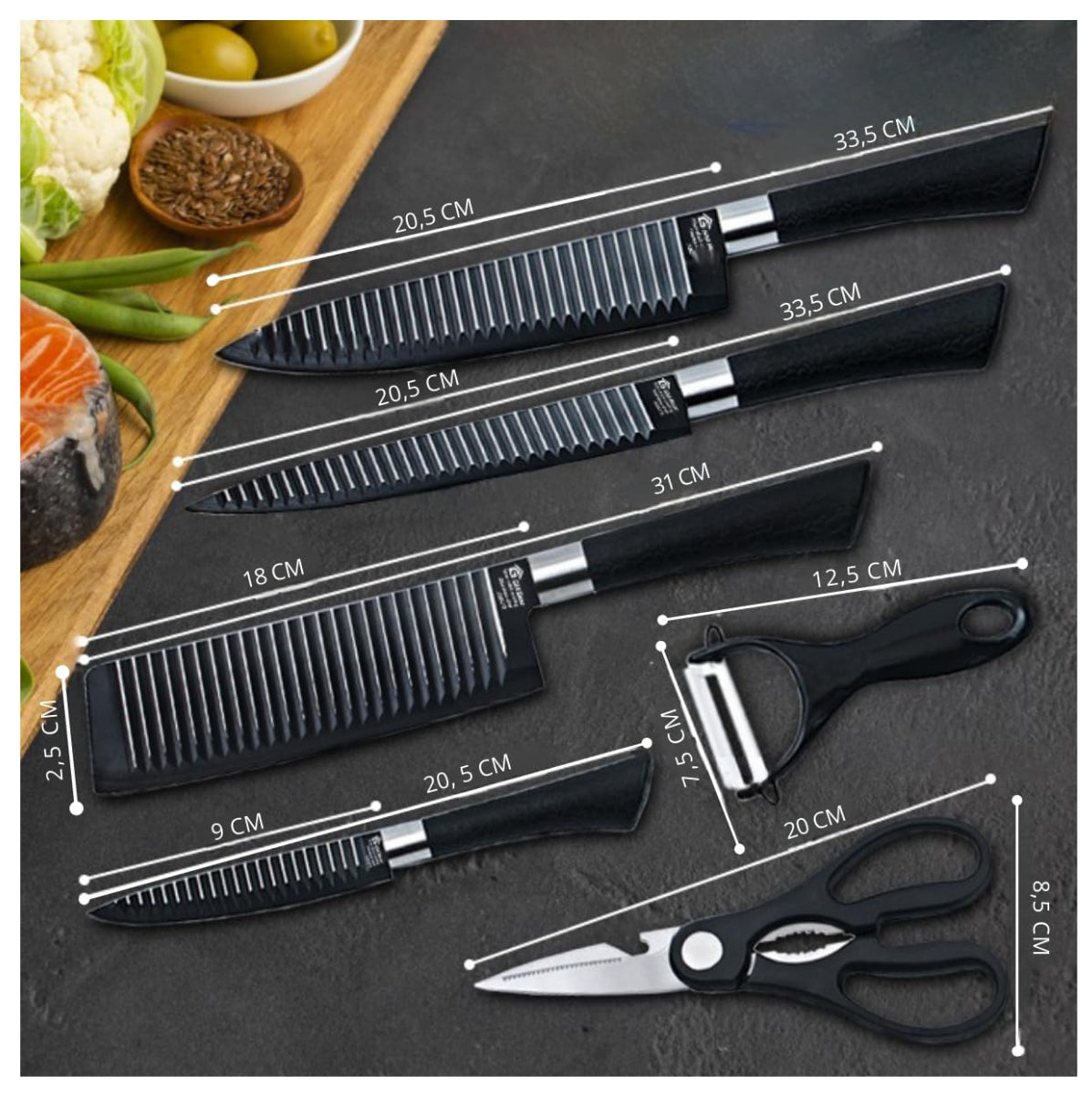 Set de Cocina Profesional 7 Piezas con Sartén Antiadherente de 4 Puestos y Juego de Cuchillos Premium – Multiuso para Cocina Moderna