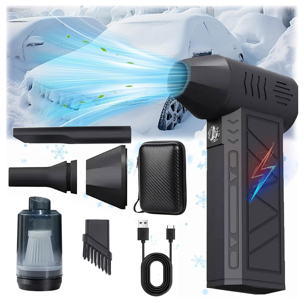 Sopladora Turbo  + Aspiradora 2 en 1 Inalámbrica con Estuche – Brushless, Portátil y Potente para Auto, Hogar y Camping