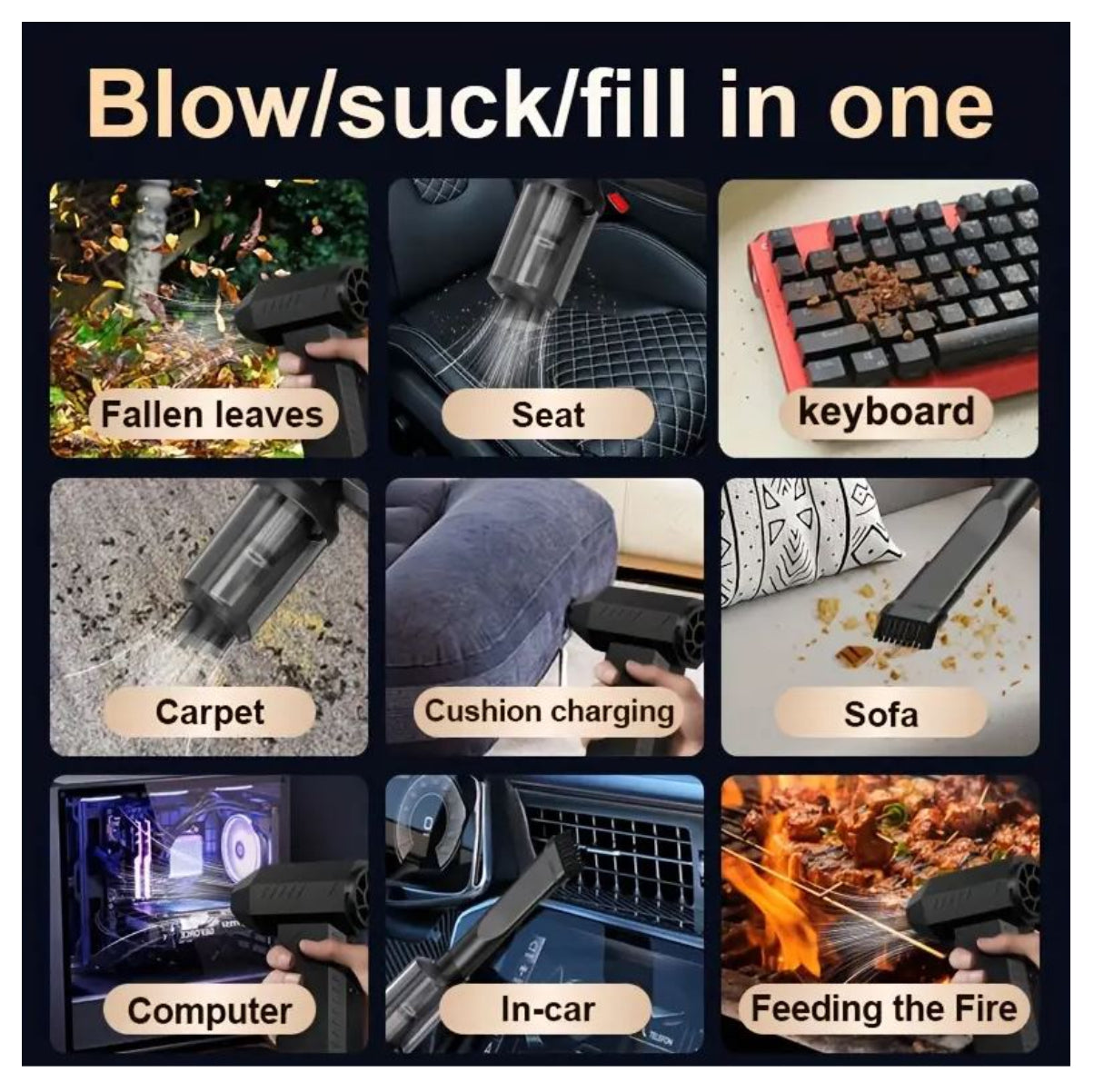 Sopladora Turbo  + Aspiradora 2 en 1 Inalámbrica con Estuche – Brushless, Portátil y Potente para Auto, Hogar y Camping